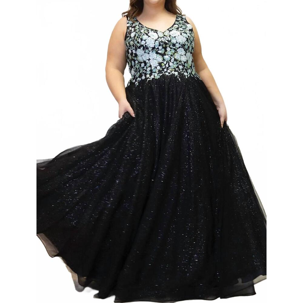 NEW SYDNEY'S CLOSET floral applique ball gown - plus in green black
